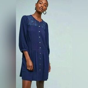 by Anthropologie Dubois Embroidered Pleated Tunic Dress Size 10 Navy Blue Button